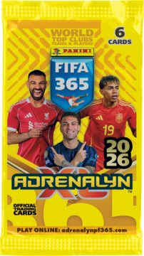 Yellow Panini FIFA 365 Adrenalyn XL 2026 card pack with 3 football players, 6 cards.