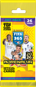 Panini FIFA 365 Adrenalyn XL Fat Pack, żółto-fioletowe opakowanie z 26 kartami. Przód: piłkarze, logo 2026.
