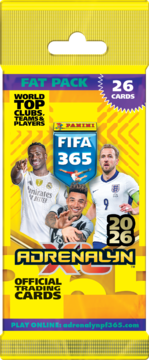Panini FIFA 365 Adrenalyn XL Fat Pack, żółto-fioletowe opakowanie z 26 kartami. Przód: piłkarze, logo 2026.