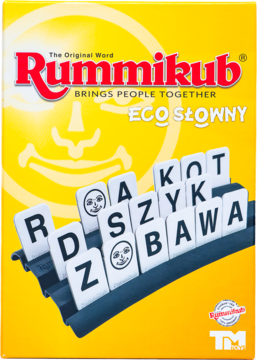 Żółte pudełko gry słownej Rummikub ECO SŁOWNY, z czerwonym logo i widocznymi płytkami z literami na podstawce.