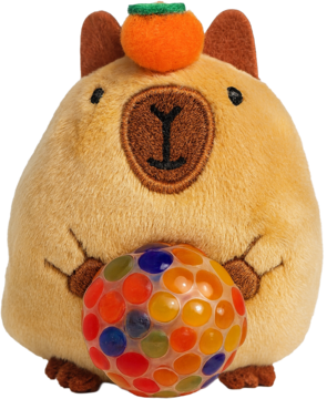 Uroczy brelok Capybara Plush Squishy, jasnobrązowy, z pomarańczą na głowie i kulką z kolorowymi koralikami. Widok z przodu.