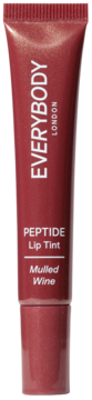 PEPTIDE Lip Tint EVERYBODY LONDON, Mulled Wine, błyszcząca bordowa tubka z drobinami, widok z przodu.