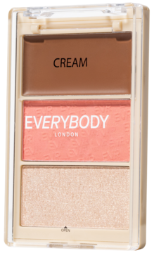 Trio Face Palette Everybody London. Kremowy bronzer, brzoskwiniowy róż, lśniący rozświetlacz w beżowej palecie.