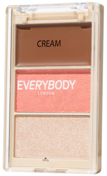 Trio Face Palette Everybody London. Kremowy bronzer, brzoskwiniowy róż, lśniący rozświetlacz w beżowej palecie.