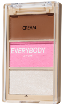 Paleta Trio Face Everybody London: kremowy bronzer, prasowany róż i perłowy rozświetlacz w beżowej kasetce. Z przodu.