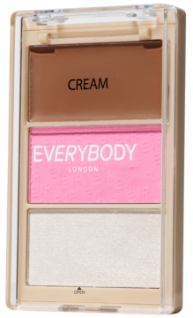 Paleta Trio Face Everybody London: kremowy bronzer, prasowany róż i perłowy rozświetlacz w beżowej kasetce. Z przodu.