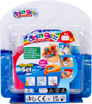 Aqua Gelz Starter Set w przezroczystym opakowaniu, z różową i niebieską butelką oraz foremkami do figurek 3D.