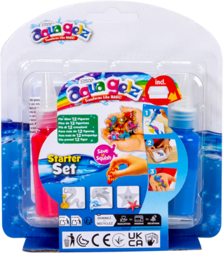 Aqua Gelz Starter Set w przezroczystym opakowaniu, z różową i niebieską butelką oraz foremkami do figurek 3D.