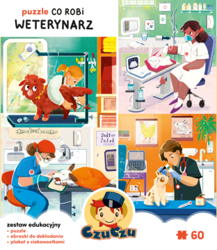 Pudełko puzzli edukacyjnych Czuczu "Co robi weterynarz" 60 elementów, z ilustracjami lekarzy i zwierząt.
