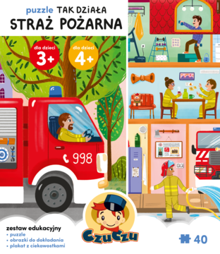 Puzzle CzuCzu "Tak działa straż pożarna" 40 el. z wozem, strażakami i remizą, dla dzieci 3+.