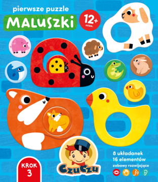 Kolorowe puzzle Czuczu Maluszki 12+ ze zwierzętami, widok z góry. Lis, kaczka, biedronka – duże elementy do dopasowania.