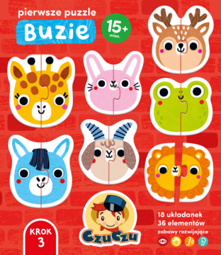 Kolorowe pierwsze puzzle Buzie Czuczu, 18 dwuelementowych układanek ze zwierzęcymi buźkami na ceglanym tle.