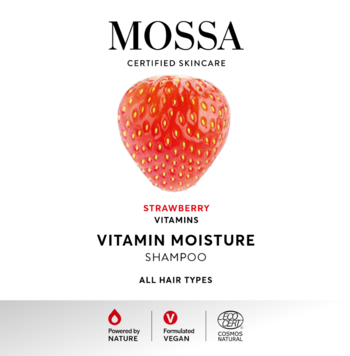 Mossa Vitamin Moisture szampon z truskawkami, białe opakowanie, duża czerwona truskawka na środku, widok z przodu.