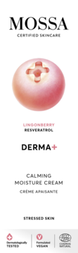 MOSSA DERMA+ Calming Moisture Cream. Biała etykieta z grafiką różowej borówki brusznicowej i napisem LINGONBERRY RESVERATROL.