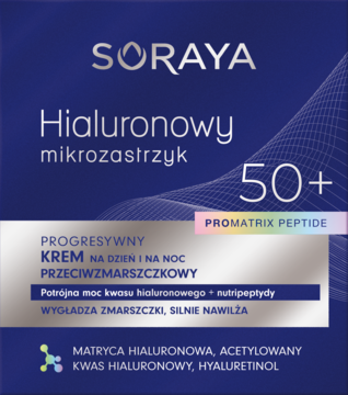 Soraya Hialuronowy Mikrozastrzyk 50+ krem przeciwzmarszczkowy w ciemnoniebieskim opakowaniu, widok z przodu.