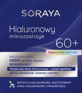 Granatowe opakowanie kremu Soraya Hialuronowy Mikrozastrzyk 60+ na dzień i noc. Widok z przodu, białe napisy, fioletowy pas.