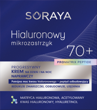 Soraya Hialuronowy Mikrozastrzyk 70+ krem naprawczy na dzień/noc. Niebieskie pudełko z Promatrix Peptide, widok z przodu.
