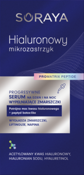 Soraya Hialuronowy Mikrozastrzyk serum na zmarszczki z kwasem hialuronowym i peptydami, ciemnoniebieskie opakowanie, widok z przodu.