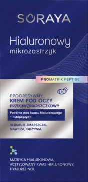 Soraya Hialuronowy Mikrozastrzyk przeciwzmarszczkowy krem pod oczy. Granatowe pudełko z peptydami i hialuronem, przód.