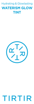 Napisy TIRTIR 'Hydrating & Glowlasting WATERISM GLOW TINT' oraz okrągłe logo TIRTIR, wszystko niebieskie.
