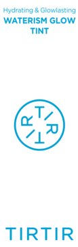 Logo TIRTIR Waterism Glow Tint, niebieski napis "Hydrating & Glowlasting" i okrągłe logo z literami RTRT.