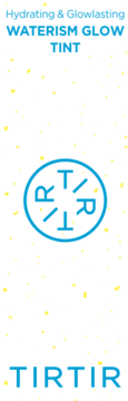 Pionowy obraz TIRTIR Waterism Glow Tint: białe tło z żółtymi kropkami, niebieskie napisy 'Hydrating & Glowlasting' i logo.