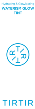 TIRTIR Waterism Glow Tint: niebieskie logo marki i nazwa produktu na białym tle, widok centralny.