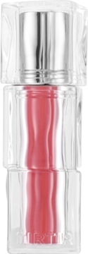 Mini tint TIRTIR Applum w przezroczystej butelce z falistym wnętrzem, koralowy odcień, srebrna skuwka, widok z przodu.