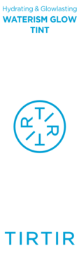 Nawilżający tint TIRTIR Waterism Glow Tint. Biała grafika z niebieskimi napisami: Hydrating & Glowlasting, logo TIRTIR.