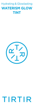 Błękitny napis 'WATERISM GLOW TINT' z logo TIRTIR i hasłem 'Hydrating & Glowlasting' na białym tle.