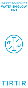 Błękitny tekst 'Hydrating & Glowlasting WATERISM GLOW TINT', logo i nazwa TIRTIR, pionowo na białym tle.