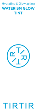 Logo i nazwa produktu TIRTIR Waterism Glow Tint, nawilżający tint do ust, w jasnoniebieskich literach na białym tle.