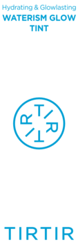 Grafika TIRTIR: niebieski napis 'Hydrating & Glowlasting WATERISM GLOW TINT' z logo, na białym tle.