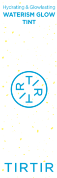 TIRTIR Waterism Glow Tint, napis Hydrating & Glowlasting na białym opakowaniu z niebieskim logo i tłem w żółte kropki.