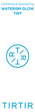 TIRTIR Waterism Glow Tint. Błękitne hasło Hydrating & Glowlasting, logo i nazwa marki na białym tle.