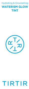 TIRTIR WATERISM GLOW TINT, slogan Hydrating & Glowlasting i logo, widok na niebieskie napisy na białym tle.
