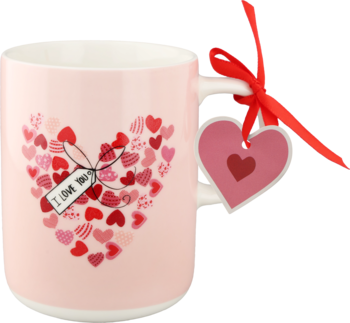 Różowy ceramiczny kubek walentynkowy z wzorem dużego serca z małych serc, napisem "I LOVE YOU" i zawieszką.