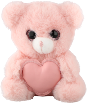 Różowy pluszowy miś z czarnymi oczami i białym pyszczkiem, trzymający różowe, skórzane serce, widok z przodu.