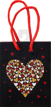 Czarna torebka prezentowa z czerwonymi uchwytami, widok z przodu. Ozdobiona sercem z czerwonych, złotych i białych serduszek.