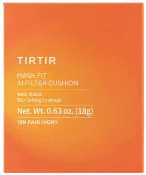 Kryjący podkład TIRTIR Mask Fit AI Filter Cushion 13N Fair Ivory w pomarańczowym opakowaniu, widok z przodu.