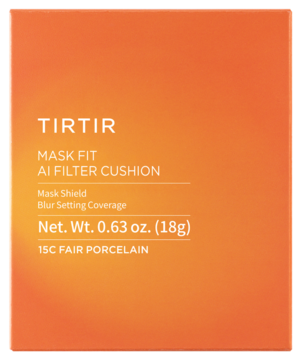 TIRTIR Mask Fit AI Filter Cushion, matujący podkład 15C Fair Porcelain w pomarańczowym pudełku, widok z przodu.