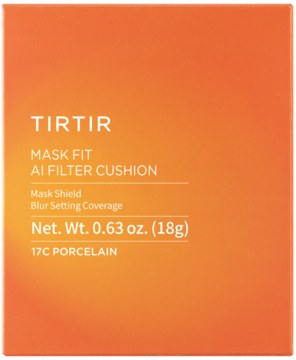 Pomarańczowe opakowanie TIRTIR Mask Fit AI Filter Cushion, odcień 17C Porcelain, z białym napisem, widok z przodu.