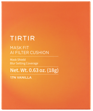 Pomarańczowe pudełko podkładu TIRTIR Mask Fit AI Filter Cushion, odcień 17N Vanilla, widok z przodu.