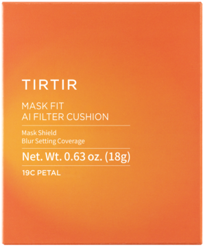 TIRTIR Mask Fit AI Filter Cushion 19C Petal, matowy podkład. Pomarańczowe pudełko z gradientem, widok z przodu.
