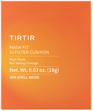 TIRTIR Mask Fit AI Filter Cushion 22N Shell Beige, pomarańczowy kompakt, matujący podkład kryjący, widok z przodu.