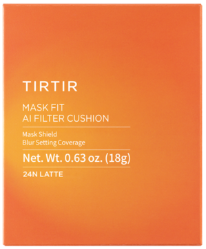 TIRTIR Mask Fit AI Filter Cushion 24N Latte, matujący podkład, pomarańczowo-brązowe opakowanie, widok z przodu.