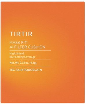 Matujący podkład TIRTIR Mask Fit AI Filter Cushion 15C Fair Porcelain. Pomarańczowe pudełko, widok z przodu.