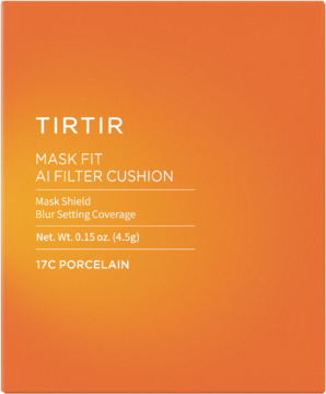 Mini podkład TIRTIR Mask Fit AI Filter Cushion 17C Porcelain, pomarańczowe opakowanie, matujący efekt.