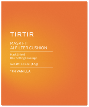 TIRTIR Mask Fit AI Filter Cushion 17N Vanilla, mini podkład matujący w pomarańczowym pudełku, widok z przodu.