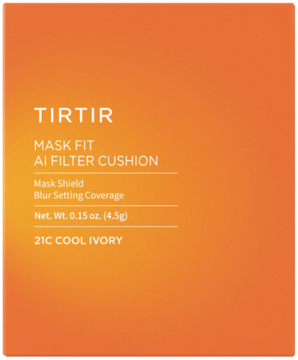 TIRTIR Mask Fit AI Filter Cushion 21C Cool Ivory, matujący mini podkład w pomarańczowym kompakcie, widok z przodu.